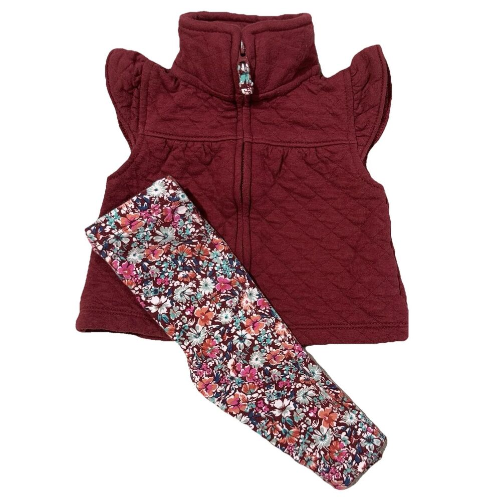 Carters 2 Piece Matching Maroon Red Vest Floral Legging Outfit 3M NWOT 0-3M 3-6M